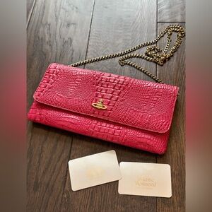 Vivienne Westwood orb logo pink crocodile-embossed long wallet purse chain bag